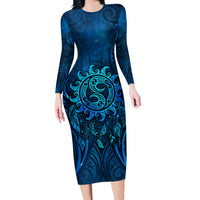 New Zealand Dream Catcher Long Sleeve Bodycon Dress Maori Koru Pattern Blue Version LT05 Long Dress Blue - Polynesian Pride