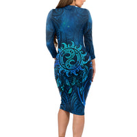 New Zealand Dream Catcher Long Sleeve Bodycon Dress Maori Koru Pattern Blue Version LT05 - Polynesian Pride