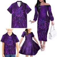 New Zealand Dream Catcher Family Matching Off The Shoulder Long Sleeve Dress and Hawaiian Shirt Maori Koru Pattern Purple Version
