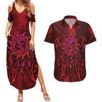 New Zealand Dream Catcher Couples Matching Summer Maxi Dress and Hawaiian Shirt Maori Koru Pattern Red Version LT05 Red - Polynesian Pride