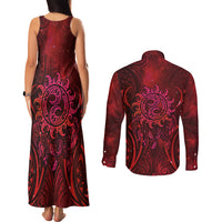 New Zealand Dream Catcher Couples Matching Tank Maxi Dress and Long Sleeve Button Shirt Maori Koru Pattern Red Version LT05 - Polynesian Pride