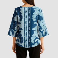 Hawaii Pua Kenikeni Lei Kimono Sleeve Blouse With Lau Maia Royal Blue LT05 - Polynesian Pride