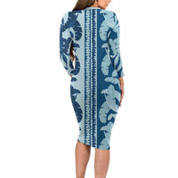 Hawaii Pua Kenikeni Lei Long Sleeve Bodycon Dress With Lau Maia Royal Blue LT05 - Polynesian Pride