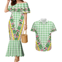 Hawaii Pikake Lokelani Plumeria Lei Couples Matching Mermaid Dress and Hawaiian Shirt Green Palaka Motifs