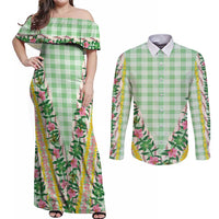 Hawaii Pikake Lokelani Plumeria Lei Couples Matching Off Shoulder Maxi Dress and Long Sleeve Button Shirt Green Palaka Motifs