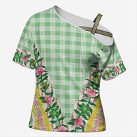 Hawaii Pikake Lokelani Plumeria Lei Cross Shoulder Shirt Green Palaka Motifs