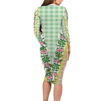 Hawaii Pikake Lokelani Plumeria Lei Family Matching Long Sleeve Bodycon Dress and Hawaiian Shirt Green Palaka Motifs