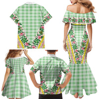 Hawaii Pikake Lokelani Plumeria Lei Family Matching Mermaid Dress and Hawaiian Shirt Green Palaka Motifs