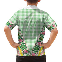 Hawaii Pikake Lokelani Plumeria Lei Family Matching Off The Shoulder Long Sleeve Dress and Hawaiian Shirt Green Palaka Motifs
