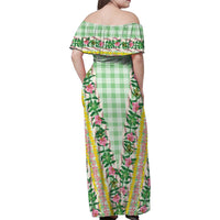 Hawaii Pikake Lokelani Plumeria Lei Family Matching Off Shoulder Maxi Dress and Hawaiian Shirt Green Palaka Motifs