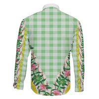 Hawaii Pikake Lokelani Plumeria Lei Family Matching Off Shoulder Short Dress and Hawaiian Shirt Green Palaka Motifs