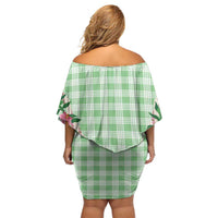 Hawaii Pikake Lokelani Plumeria Lei Family Matching Off Shoulder Short Dress and Hawaiian Shirt Green Palaka Motifs