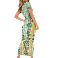Hawaii Pikake Lokelani Plumeria Lei Family Matching Short Sleeve Bodycon Dress and Hawaiian Shirt Green Palaka Motifs