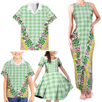 Hawaii Pikake Lokelani Plumeria Lei Family Matching Tank Maxi Dress and Hawaiian Shirt Green Palaka Motifs