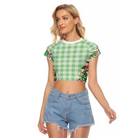 Hawaii Pikake Lokelani Plumeria Lei Raglan Cropped T Shirt Green Palaka Motifs