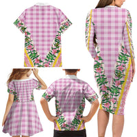 Hawaii Pikake Lokelani Plumeria Lei Family Matching Long Sleeve Bodycon Dress and Hawaiian Shirt Pink Palaka Motifs