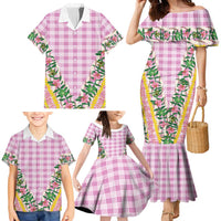 Hawaii Pikake Lokelani Plumeria Lei Family Matching Mermaid Dress and Hawaiian Shirt Pink Palaka Motifs