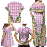 Hawaii Pikake Lokelani Plumeria Lei Family Matching Off Shoulder Maxi Dress and Hawaiian Shirt Pink Palaka Motifs