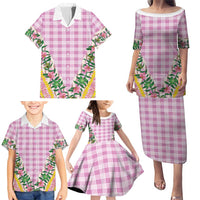 Hawaii Pikake Lokelani Plumeria Lei Family Matching Puletasi and Hawaiian Shirt Pink Palaka Motifs