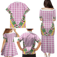 Hawaii Pikake Lokelani Plumeria Lei Family Matching Puletasi and Hawaiian Shirt Pink Palaka Motifs