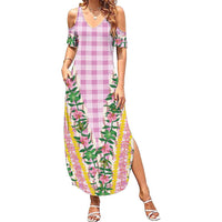 Hawaii Pikake Lokelani Plumeria Lei Family Matching Summer Maxi Dress and Hawaiian Shirt Pink Palaka Motifs