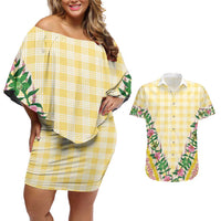 Hawaii Pikake Lokelani Plumeria Lei Couples Matching Off Shoulder Short Dress and Hawaiian Shirt Yellow Palaka Motifs
