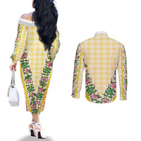 Hawaii Pikake Lokelani Plumeria Lei Couples Matching Off The Shoulder Long Sleeve Dress and Long Sleeve Button Shirt Yellow Palaka Motifs
