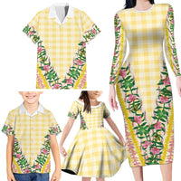 Hawaii Pikake Lokelani Plumeria Lei Family Matching Long Sleeve Bodycon Dress and Hawaiian Shirt Yellow Palaka Motifs