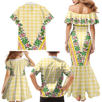 Hawaii Pikake Lokelani Plumeria Lei Family Matching Mermaid Dress and Hawaiian Shirt Yellow Palaka Motifs