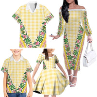 Hawaii Pikake Lokelani Plumeria Lei Family Matching Off The Shoulder Long Sleeve Dress and Hawaiian Shirt Yellow Palaka Motifs