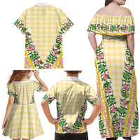 Hawaii Pikake Lokelani Plumeria Lei Family Matching Off Shoulder Maxi Dress and Hawaiian Shirt Yellow Palaka Motifs
