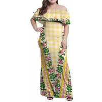 Hawaii Pikake Lokelani Plumeria Lei Family Matching Off Shoulder Maxi Dress and Hawaiian Shirt Yellow Palaka Motifs