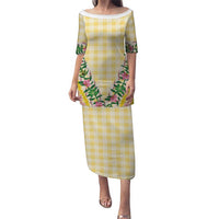 Hawaii Pikake Lokelani Plumeria Lei Family Matching Puletasi and Hawaiian Shirt Yellow Palaka Motifs