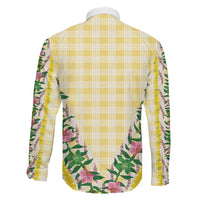 Hawaii Pikake Lokelani Plumeria Lei Family Matching Short Sleeve Bodycon Dress and Hawaiian Shirt Yellow Palaka Motifs