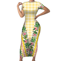 Hawaii Pikake Lokelani Plumeria Lei Family Matching Short Sleeve Bodycon Dress and Hawaiian Shirt Yellow Palaka Motifs