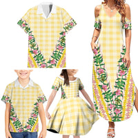 Hawaii Pikake Lokelani Plumeria Lei Family Matching Summer Maxi Dress and Hawaiian Shirt Yellow Palaka Motifs