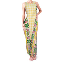 Hawaii Pikake Lokelani Plumeria Lei Family Matching Tank Maxi Dress and Hawaiian Shirt Yellow Palaka Motifs