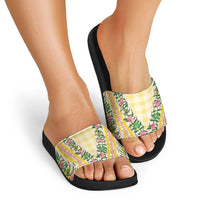 Hawaii Pikake Lokelani Plumeria Lei Slide Sandals Yellow Palaka Motifs LT05 - Polynesian Pride