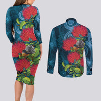 New Zealand Matariki Piwakawaka Couples Matching Long Sleeve Bodycon Dress and Long Sleeve Button Shirt Maori Koru With Pohutukawa Flowers