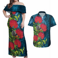 New Zealand Matariki Piwakawaka Couples Matching Off Shoulder Maxi Dress and Hawaiian Shirt Maori Koru With Pohutukawa Flowers
