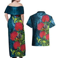 New Zealand Matariki Piwakawaka Couples Matching Off Shoulder Maxi Dress and Hawaiian Shirt Maori Koru With Pohutukawa Flowers
