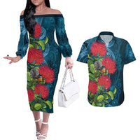 New Zealand Matariki Piwakawaka Couples Matching Off The Shoulder Long Sleeve Dress and Hawaiian Shirt Maori Koru With Pohutukawa Flowers