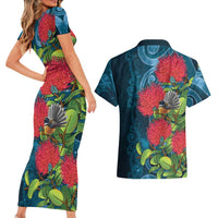 New Zealand Matariki Piwakawaka Couples Matching Short Sleeve Bodycon Dress and Hawaiian Shirt Maori Koru With Pohutukawa Flowers