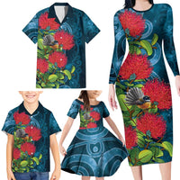 New Zealand Matariki Piwakawaka Family Matching Long Sleeve Bodycon Dress and Hawaiian Shirt Maori Koru With Pohutukawa Flowers