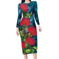 New Zealand Matariki Piwakawaka Family Matching Long Sleeve Bodycon Dress and Hawaiian Shirt Maori Koru With Pohutukawa Flowers