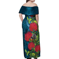 New Zealand Matariki Piwakawaka Family Matching Off Shoulder Maxi Dress and Hawaiian Shirt Maori Koru With Pohutukawa Flowers