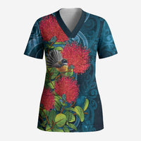 New Zealand Matariki Piwakawaka Scrub Top Maori Koru With Pohutukawa Flowers