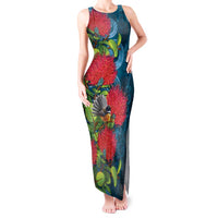 New Zealand Matariki Piwakawaka Tank Maxi Dress Maori Koru With Pohutukawa Flowers