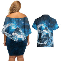 New Zealand Matariki Couples Matching Off Shoulder Short Dress and Hawaiian Shirt Pigeon Kereru Maori Fern Art