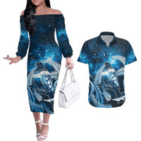 New Zealand Matariki Couples Matching Off The Shoulder Long Sleeve Dress and Hawaiian Shirt Pigeon Kereru Maori Fern Art